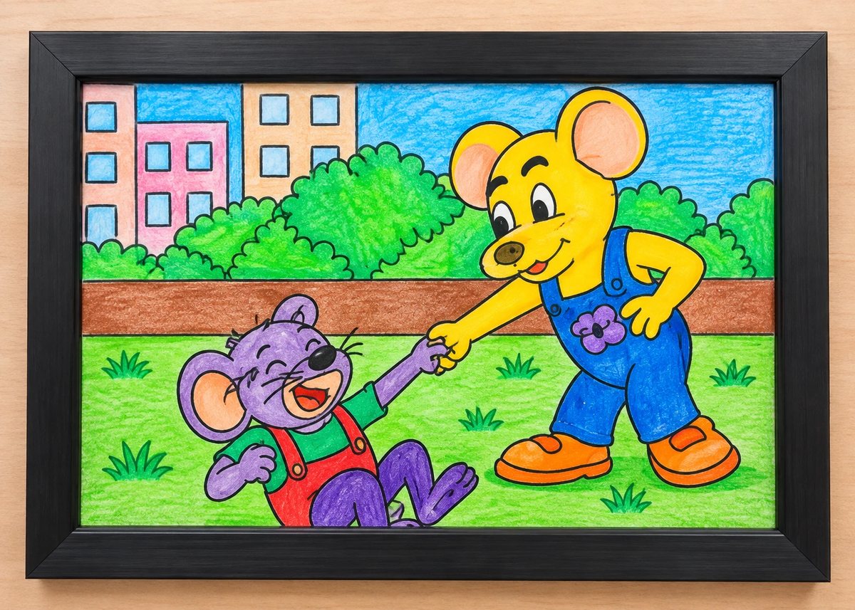 Children’s drawing of one friend helping another up