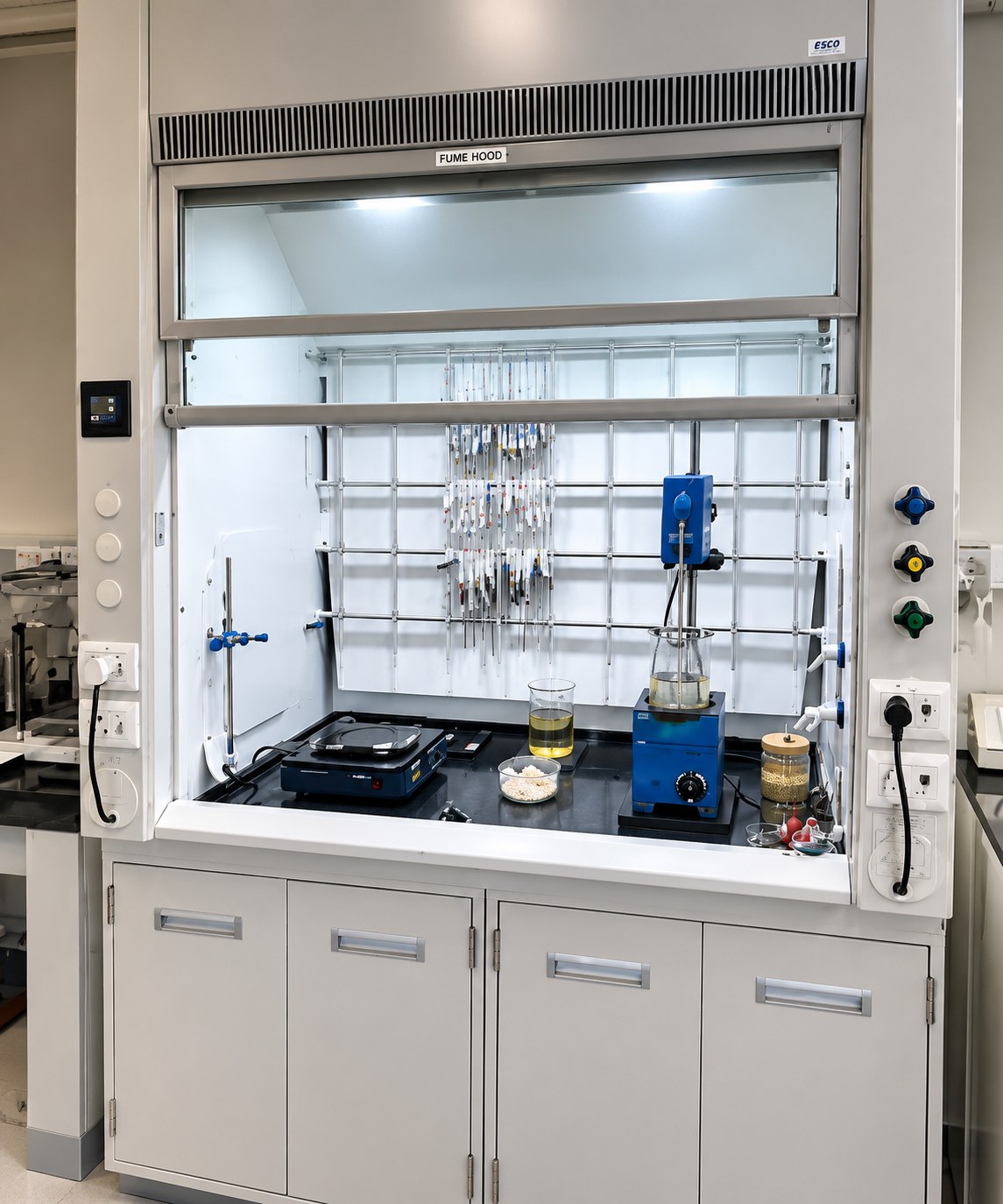 Fume hood in the Uptodate laboratory used for new formulation work