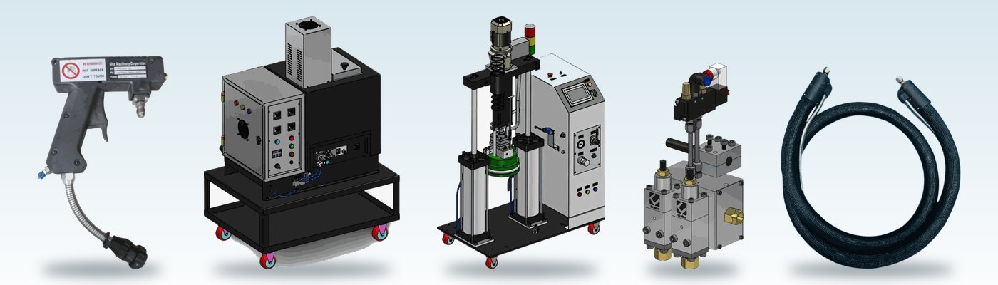 Uptodate hot melt equipment: applicator gun, tank melter, PUR system, nozzle module and heated hose